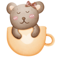 Cute brown bear with pink bow on head in cup isolated on transparent background png