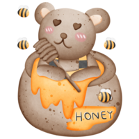 Cute brown bear wearing a bee suit and honey Honey sticks and bees fly around isolated on transparent background png