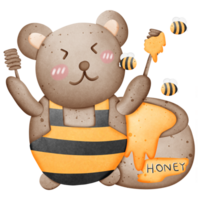 Cute brown bear wearing a bee suit and honey Honey sticks and bees fly around isolated on transparent background png