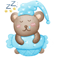 un linda marrón oso es dormido y abrazando un almohada. bueno noche, dulce Sueños png