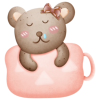 Cute brown bear with pink bow on head in cup isolated on transparent background png