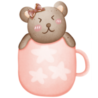 Cute brown bear with pink bow on head in cup isolated on transparent background png
