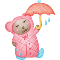 A cute brown bear wears a pink raincoat and blue boots and holds an umbrella in the rainy season isolated on transparent background png