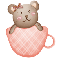 Cute brown bear with pink bow on head in cup isolated on transparent background png