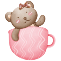 Cute brown bear with pink bow on head in cup isolated on transparent background png