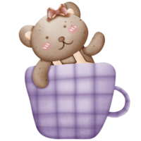Cute brown bear with pink bow on head in cup isolated on transparent background png