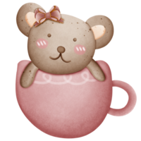 Cute brown bear with pink bow on head in cup isolated on transparent background png