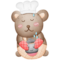 A cute chef brown bear is having fun cooking isolated on transparent background png