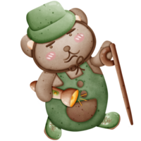 Cute brown bear in hiking clothes, hat and boots, camping with tent and hiking equipment. png