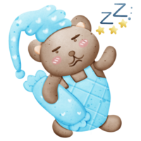 un linda marrón oso es dormido y abrazando un almohada. bueno noche, dulce Sueños png