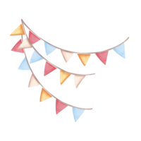 Garlands of pennants flags. Watercolor template of festive illustration for birthday and kids party decoration, isolated. Hand drawn clipart for invitation, card, wedding background, nursery decor. png