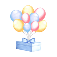 Helium Luftballons und Geschenk Box mit Bogen. bunt glücklich Geburtstag festlich Clip Art. Hand gezeichnet Aquarell Illustration isoliert. Vorlage zum Geburtstag, Urlaub Dekoration, Karte, Einladung, Baby Dusche. png