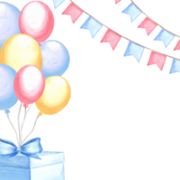 helio globos con regalo cajas, arco y banderas guirnaldas contento cumpleaños modelo para saludo tarjeta. festivo mano dibujado acuarela ilustraciones con Copiar espacio. para cumpleaños, invitación, bebé ducha. png