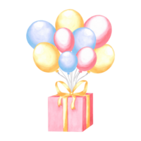 Helium Luftballons und Geschenk Box mit Bogen. bunt glücklich Geburtstag festlich Clip Art. Hand gezeichnet Aquarell Illustration isoliert. Vorlage zum Geburtstag, Urlaub Dekoration, Karte, Einladung, Baby Dusche. png