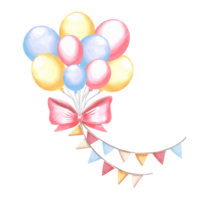 Helium balloons banch with bow and pennant garland. Colorful Happy Birthday festive clipart. Hand drawn watercolor illustration isolated. Template for holiday decoration, card, invitation, baby shower png