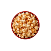 Caramel popcorn delight in a crimson bowl, a sweet snack perspective png