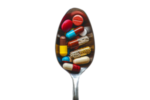 A spoonful of colorful tablets against a transparent background, top view png