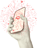 Collage with halftone-style hands hold smartphone. Minimalist metaphor concept dating. Idea for love banner composition with pink hearts. Cutouts magazine. illustration png