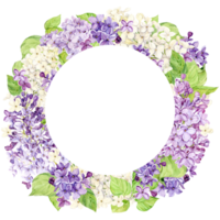 Watercolor lilac wreath. Round frame of spring pink, lavender, purple and white flowers. Wedding invitation template, save the date. Retro illustration for design in Provence or Rustic style. png