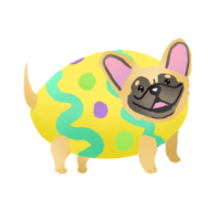 A whimsical illustration of a dog with an egg-shaped body, adorned with colorful Easter spots, exuding playful charm and holiday fun. png