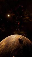 a large cluster of asteroids near an unknown planet, vertical video