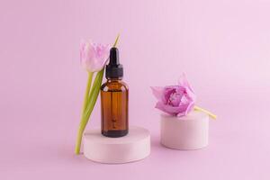 Fashion beauty product, serum in glass cosmetic bottle with dropper for face and body skin care standing on a round cement podium with a tulip flower. photo