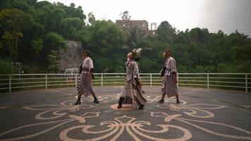 traditionnel asiatique interprète dans coloré maquillage et costume avec une à plumes casque, permanent en plein air avec flou verdure video