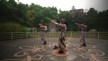 Traditional martial artists practicing in an outdoor setting with lush greenery and historical architecture video