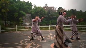 tradicional bailarines en vistoso disfraces ejecutando al aire libre con lozano verdor en el fondo, exhibiendo cultural patrimonio video