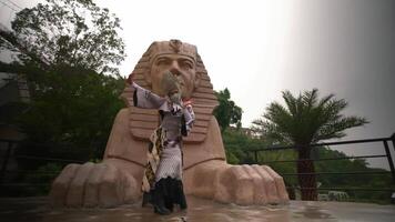 Person performing martial arts in front of a large sphinx statue in a lush, green park setting with palm trees and a bridge video