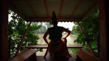 silhueta do uma pessoa dentro tradicional vestuário olhando Fora a partir de uma gazebo para uma sereno lago cercado de exuberante vegetação video