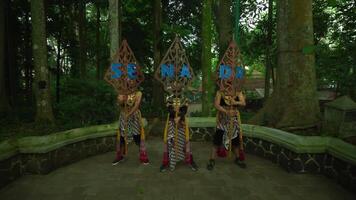 Traditional Balinese dancers in ornate costumes performing in a lush forest setting video