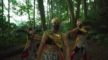 tradicional balinesa dançarinos dentro ornamentado fantasias e máscaras realizando dentro uma exuberante floresta contexto, exibindo cultural herança video