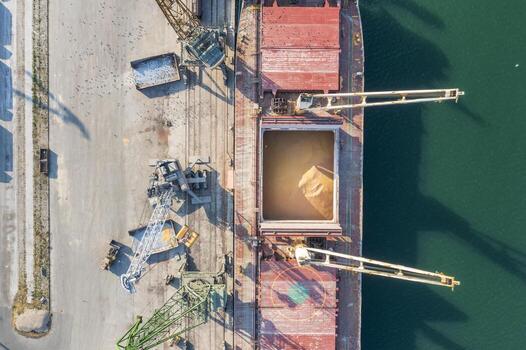 Top view from a drone of a large ship loading grain for export. Water transport photo