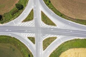 Aerial view from a drone of a part of a road junction. Transportation and infrastructure concept photo