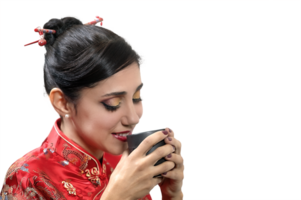 Brazilian model with Chinese style clothes and makeup png