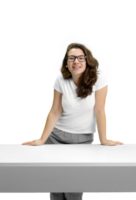 young and friendly teacher at her desk in front of the class on neutral background png