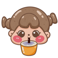 Watercolor illustration of a cute girl eating milk tea png