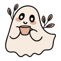 Ghost drinking coffee illustration fall season aesthetic cute children kids Halloween spirit decor minimalist drawing sticker transparent background png