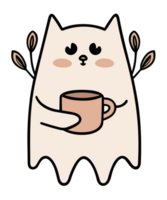 Cat sheet ghost drinking coffee tea holding a mug cute illustration drawing fall season aesthetic flat design Halloween minimalist sticker transparent background png