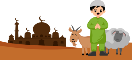 happy eid al adha background with illustration of cute muslim boy and goat and sheep sacrificial png