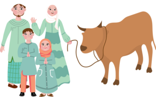 Happy muslim family buy a cow for qurban celebration png