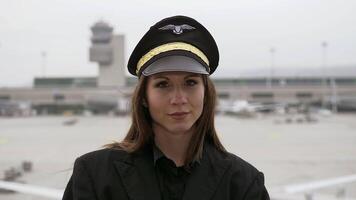 giovane riuscito femmina linea aerea Capitano pilota preparazione per volo a aeroporto video