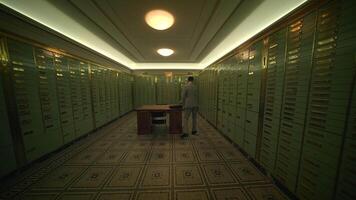 A man is strolling through a dimly lit hallway with rows of lockers video