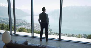 erfolgreich jung Geschäftsmann Innerhalb modern Büro Gebäude mit Fenster Aussicht video