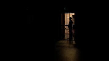 A silhouette of a man in a dark room with hardwood flooring, behind bars video