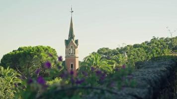 Clock tower with steeple in the background video