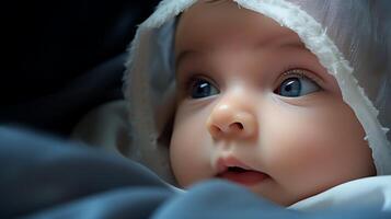 Close-up portrait of a newborn baby with bright, alert eyes, capturing the innocence and wonder of early life, ideal for parenting themes. photo