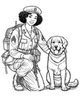 soldado en pie con un perro colorante página vector