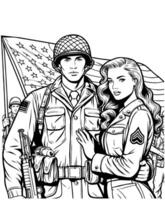 un americano soldado y su soldado Novia colorante paginas vector